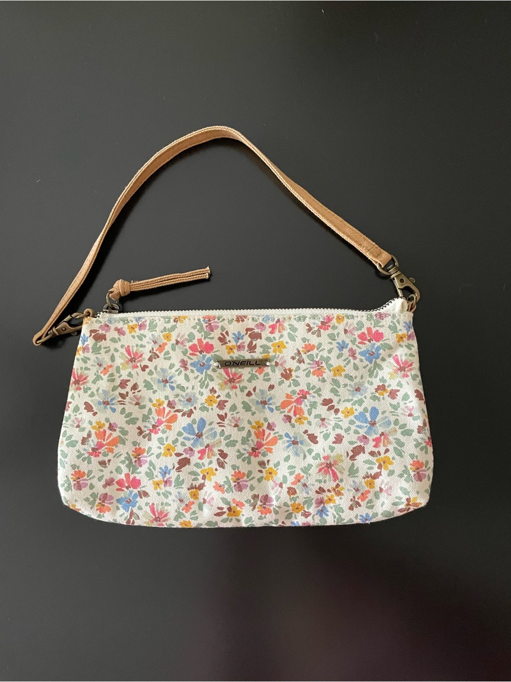O'Neill Floral Canvas Wristlet - White with Multicolor Flowers and Tan Strap